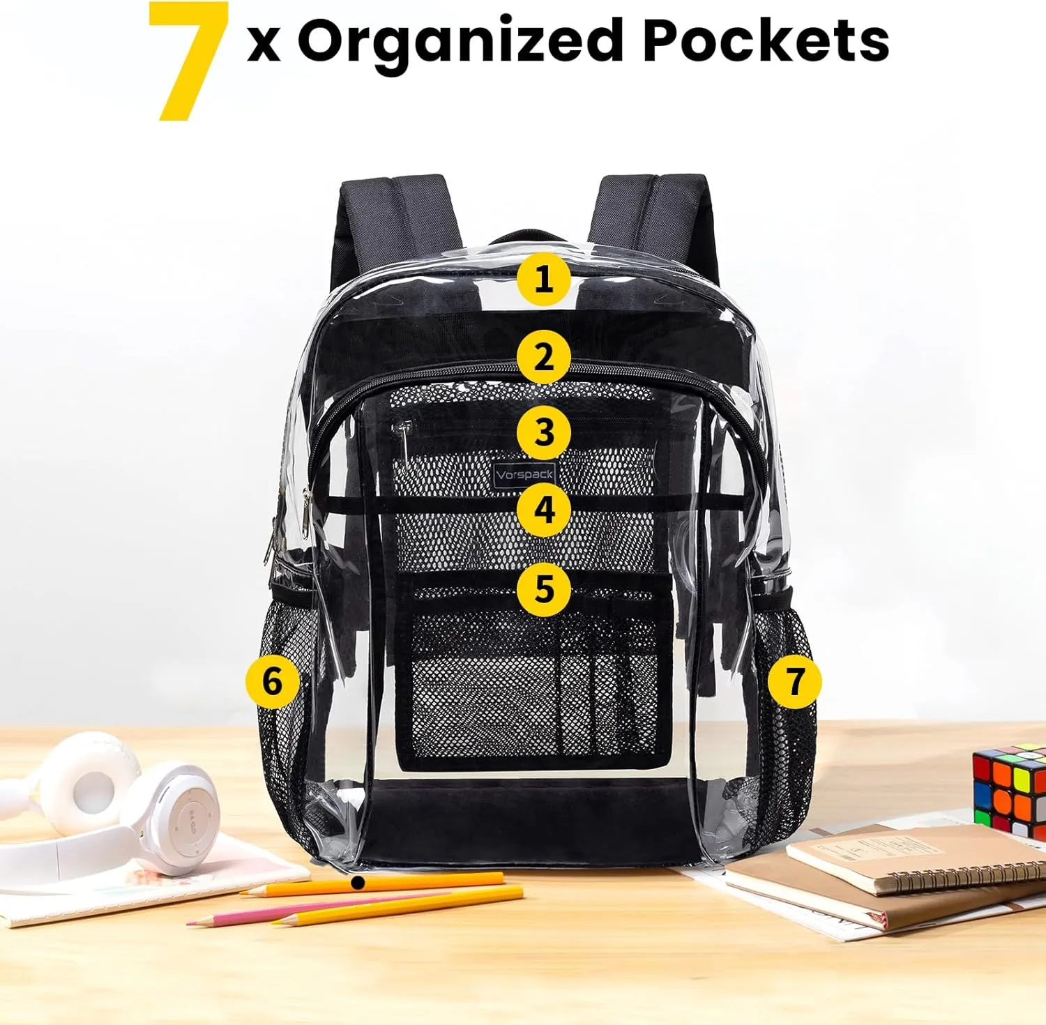 Vorspack Clear Backpack Heavy Duty - Clear Book Bag with Multi-pockets Large See Through Backpack for College Workplace - Black
