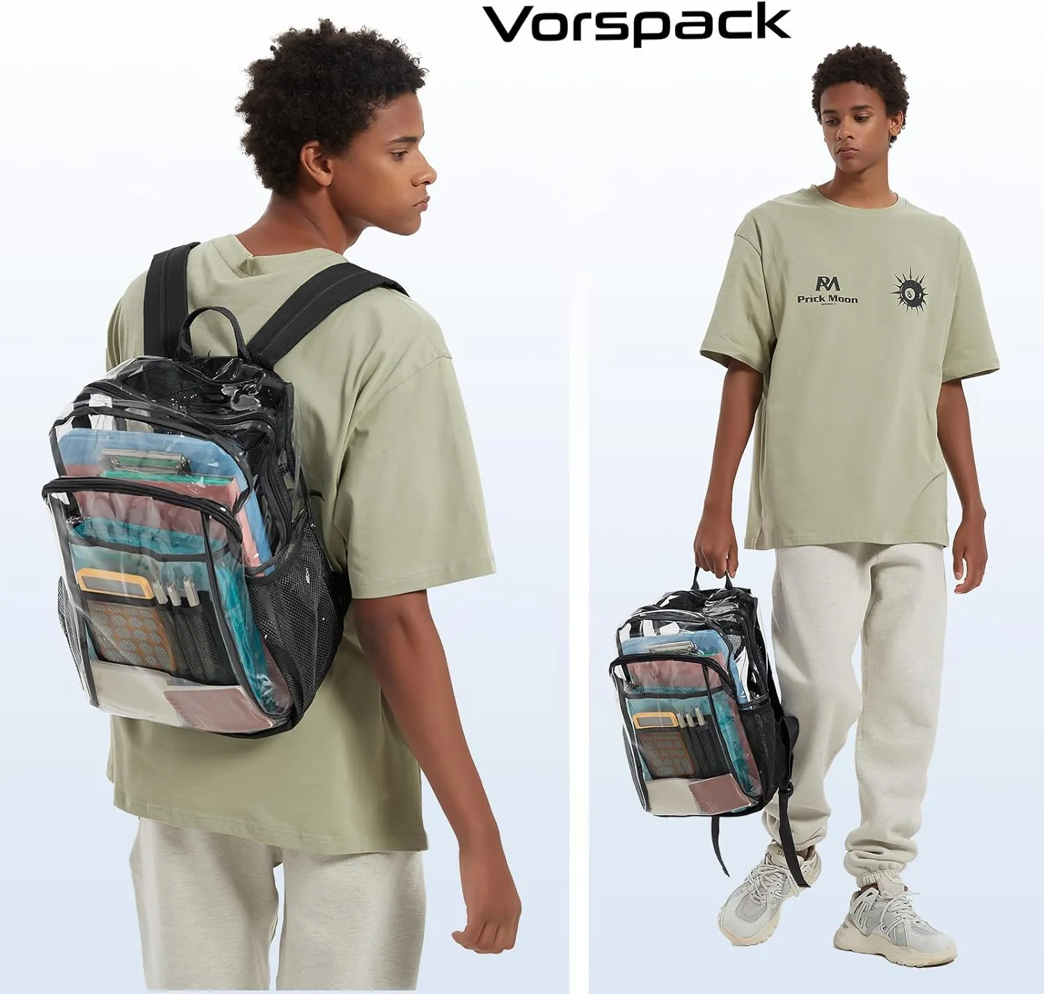 Vorspack Clear Backpack Heavy Duty - Clear Book Bag with Multi-pockets Large See Through Backpack for College Workplace - Black