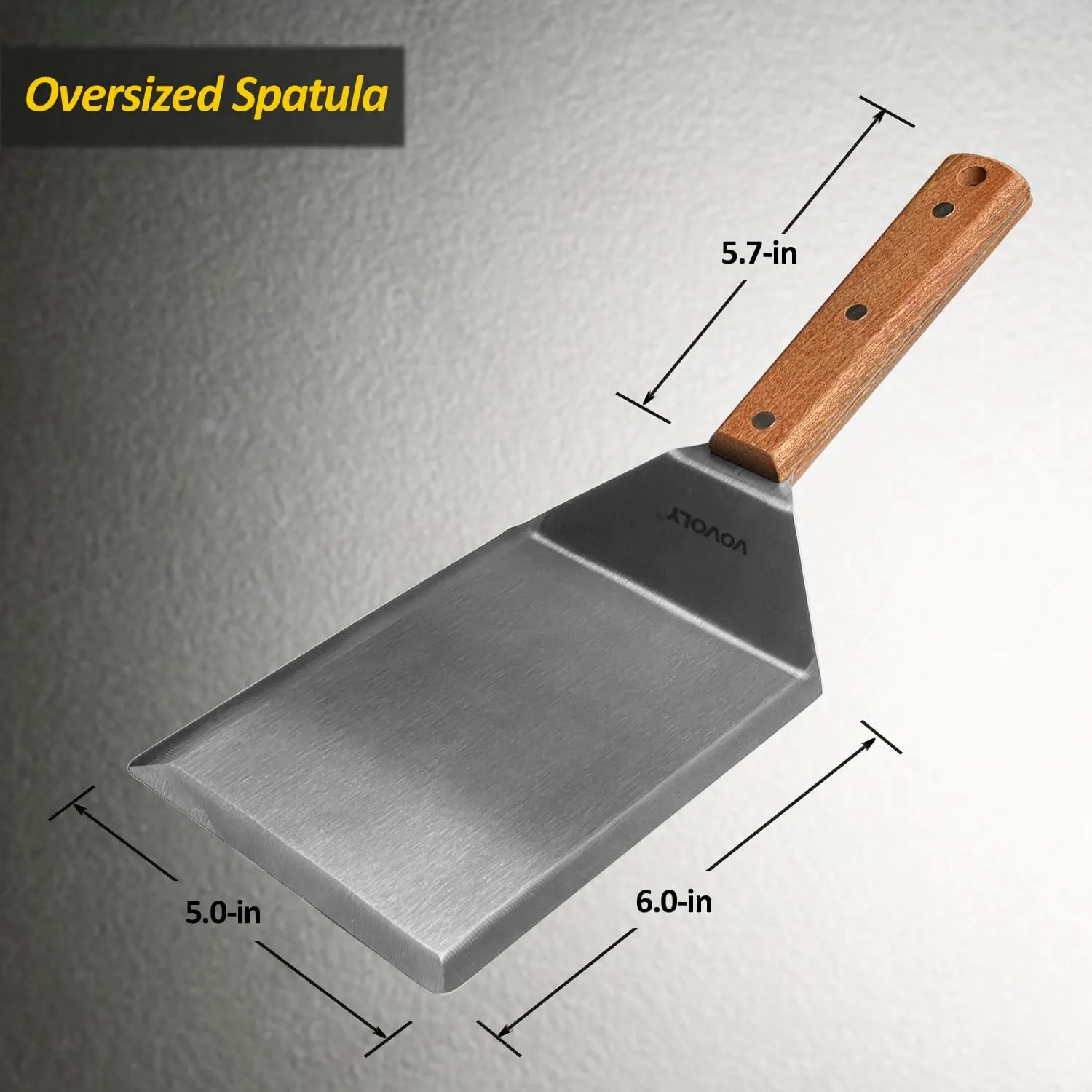 Vovoly Extra Wide Spatula, Large Metal Spatula with Full Tang Wooden Handle & Beveled Edges for Skillets, Griddles & Grills, Pancake Flipper, Smash Burgers, 6 x 5-Inches