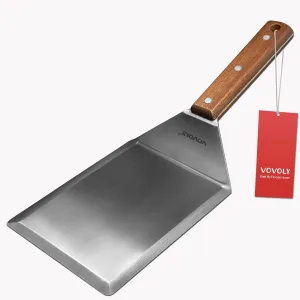 Vovoly Extra Wide Spatula, Large Metal Spatula with Full Tang Wooden Handle & Beveled Edges for Skillets, Griddles & Grills, Pancake Flipper, Smash Burgers, 6 x 5-Inches