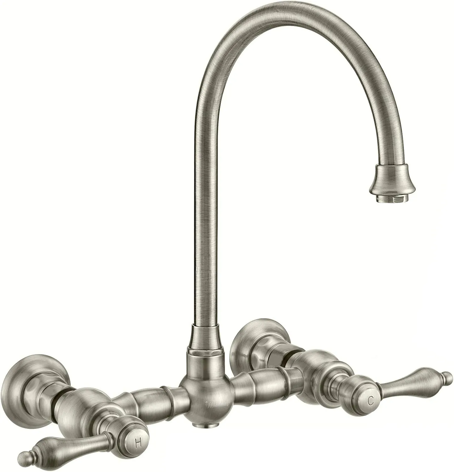 Wall Mount Faucet with a Long Gooseneck Swivel Spout, Lever Handles and Solid Brass Side Spray