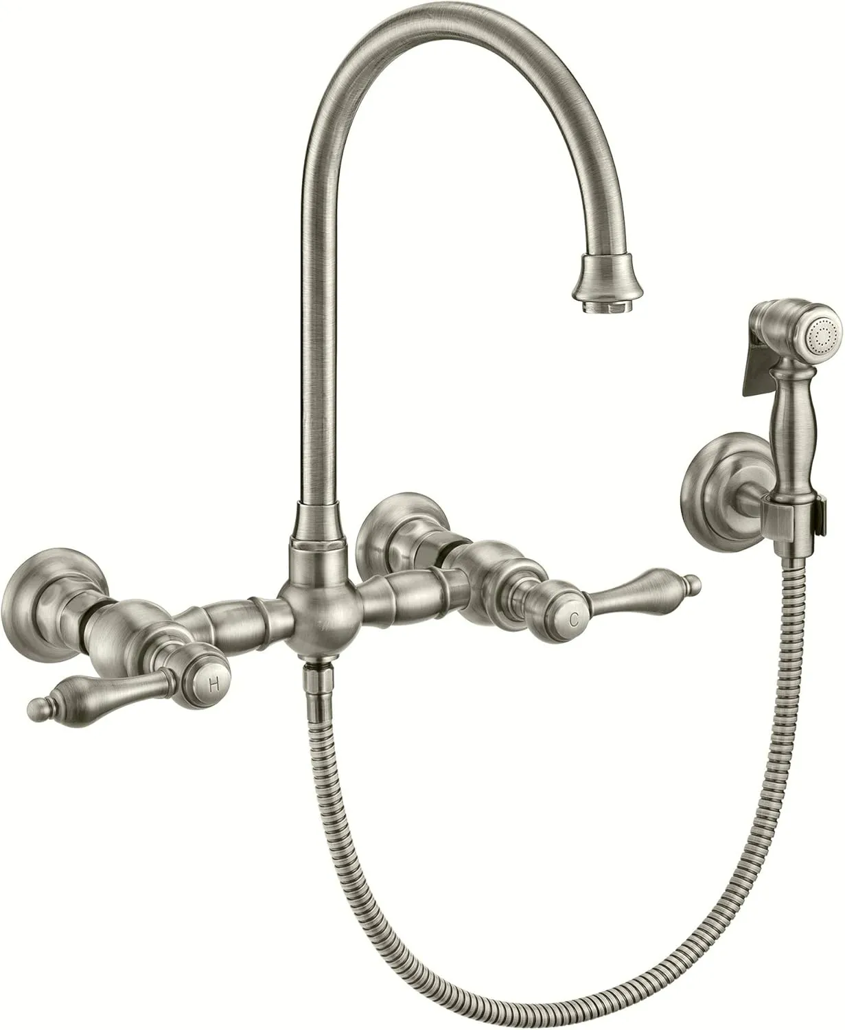 Wall Mount Faucet with a Long Gooseneck Swivel Spout, Lever Handles and Solid Brass Side Spray