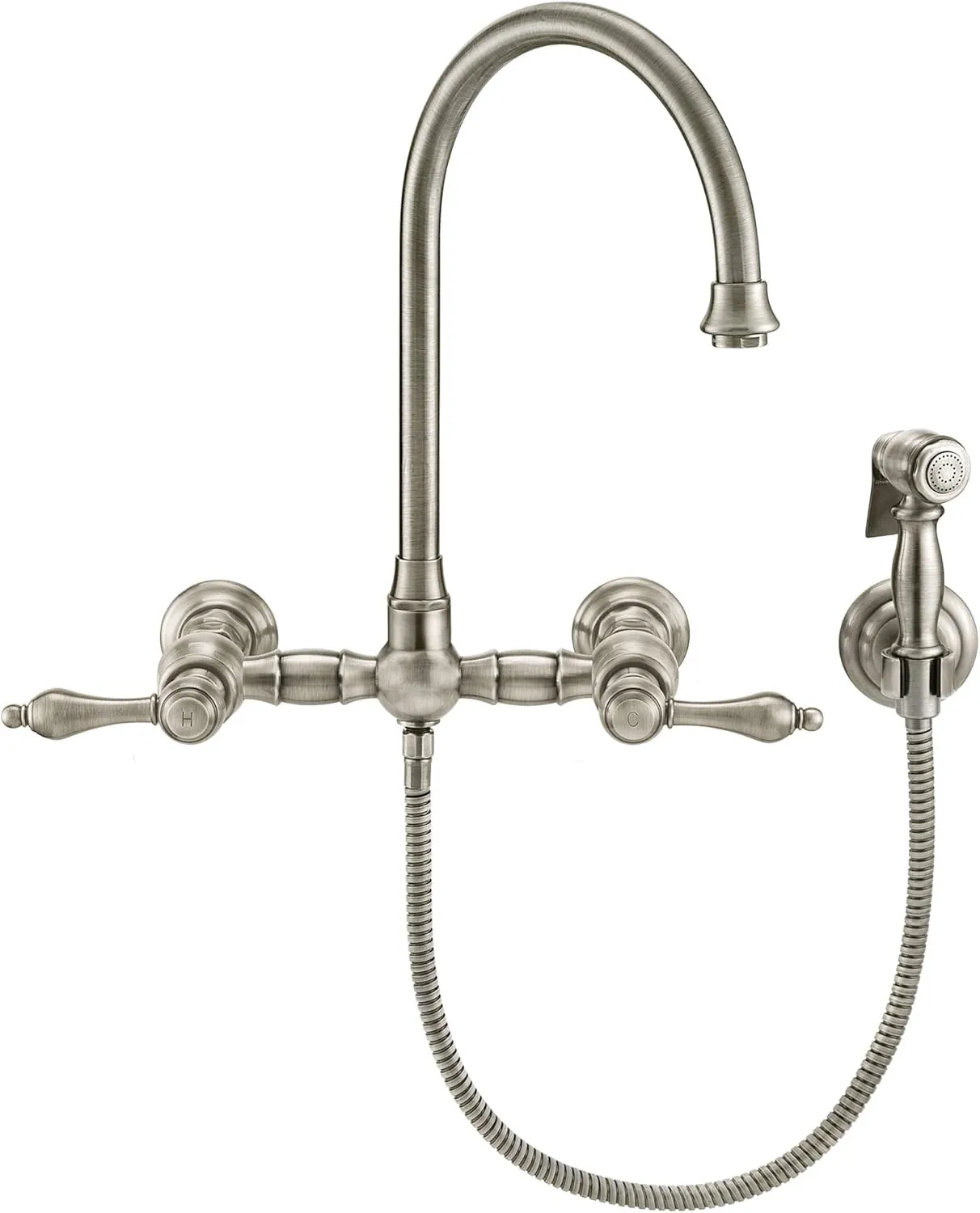 Wall Mount Faucet with a Long Gooseneck Swivel Spout, Lever Handles and Solid Brass Side Spray