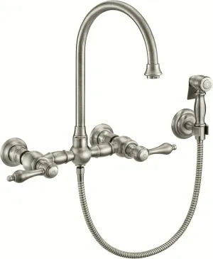 Wall Mount Faucet with a Long Gooseneck Swivel Spout, Lever Handles and Solid Brass Side Spray