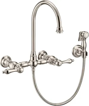Wall Mount Faucet with a Long Gooseneck Swivel Spout, Lever Handles and Solid Brass Side Spray
