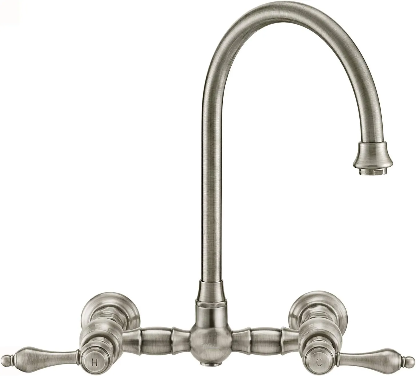 Wall Mount Faucet with a Long Gooseneck Swivel Spout, Lever Handles and Solid Brass Side Spray