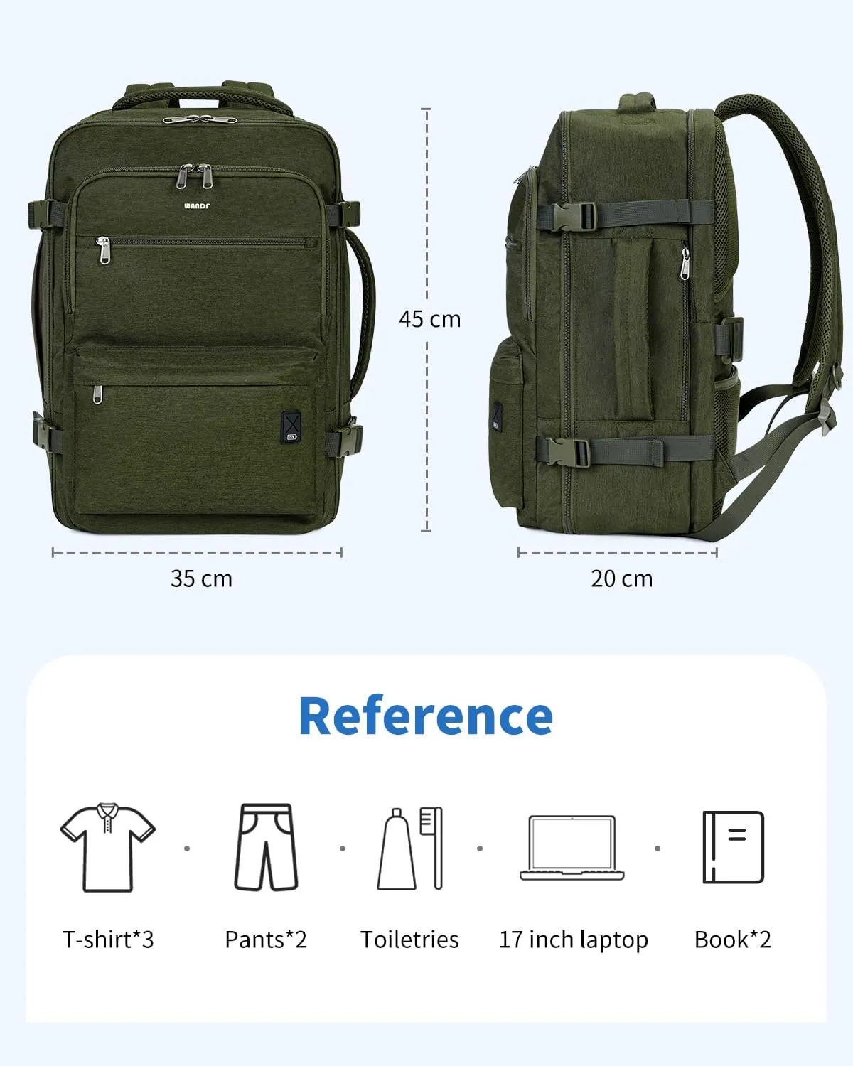 WANDF Travel Backpack For Spirit Airlines Personal Item Bag 18x14x8 with Wet Pocket, 17 Inch Laptop Backpack for Men Women（Dark Green）