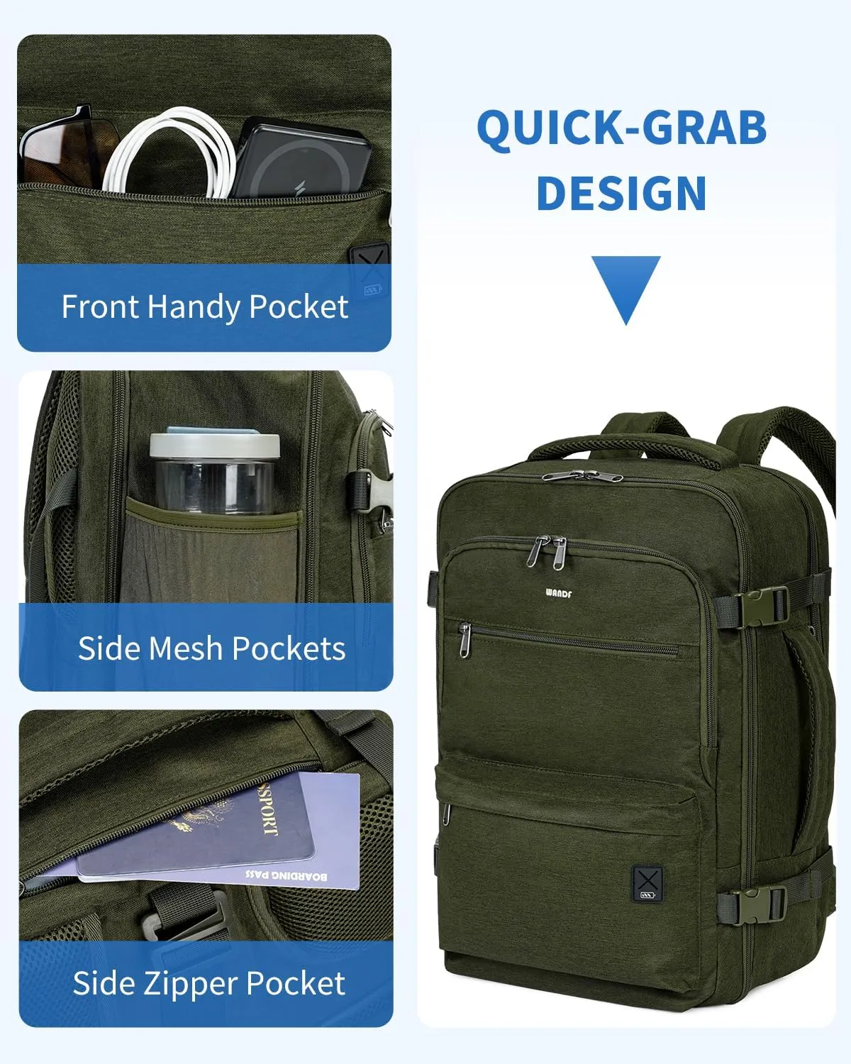 WANDF Travel Backpack For Spirit Airlines Personal Item Bag 18x14x8 with Wet Pocket, 17 Inch Laptop Backpack for Men Women（Dark Green）