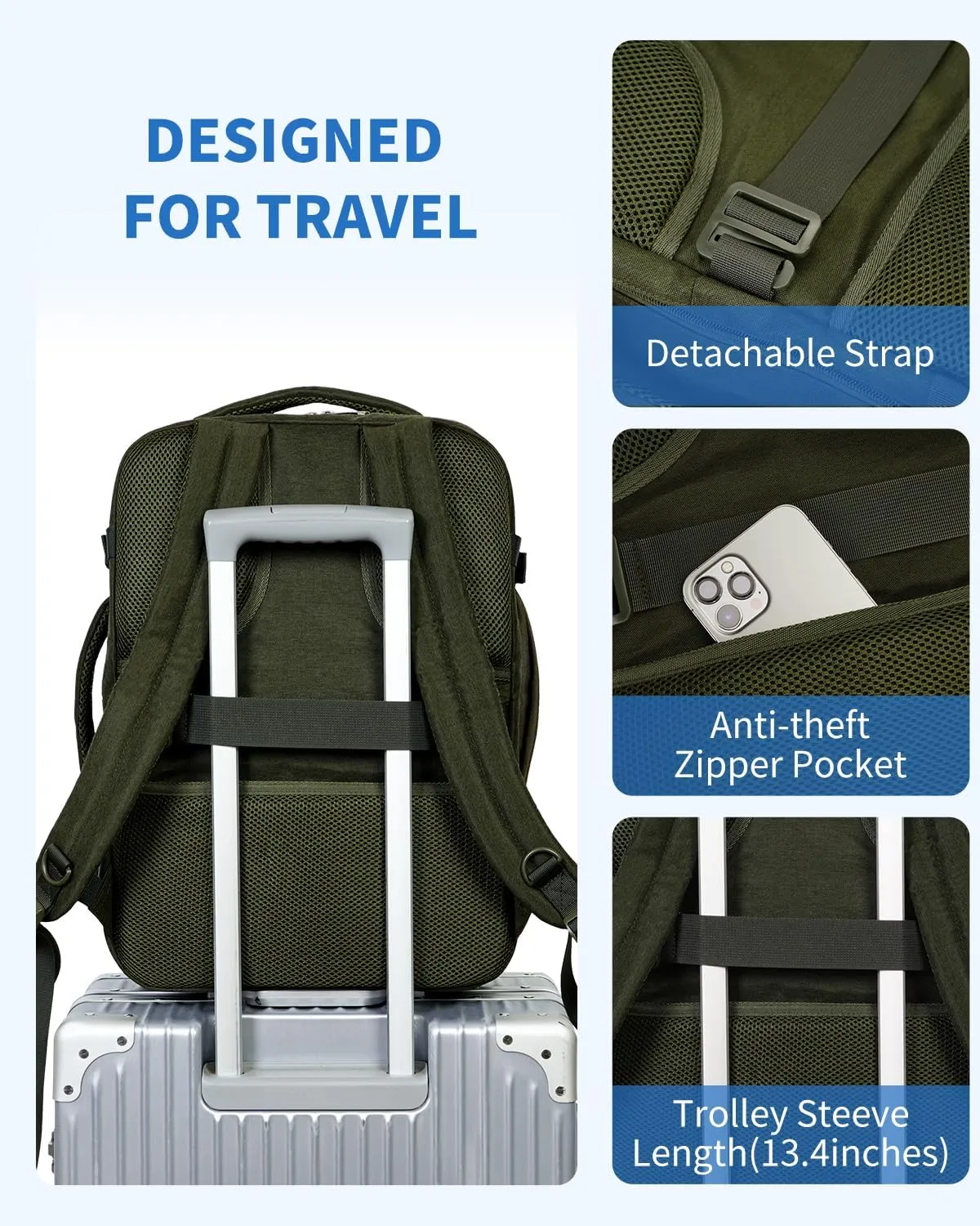 WANDF Travel Backpack For Spirit Airlines Personal Item Bag 18x14x8 with Wet Pocket, 17 Inch Laptop Backpack for Men Women（Dark Green）