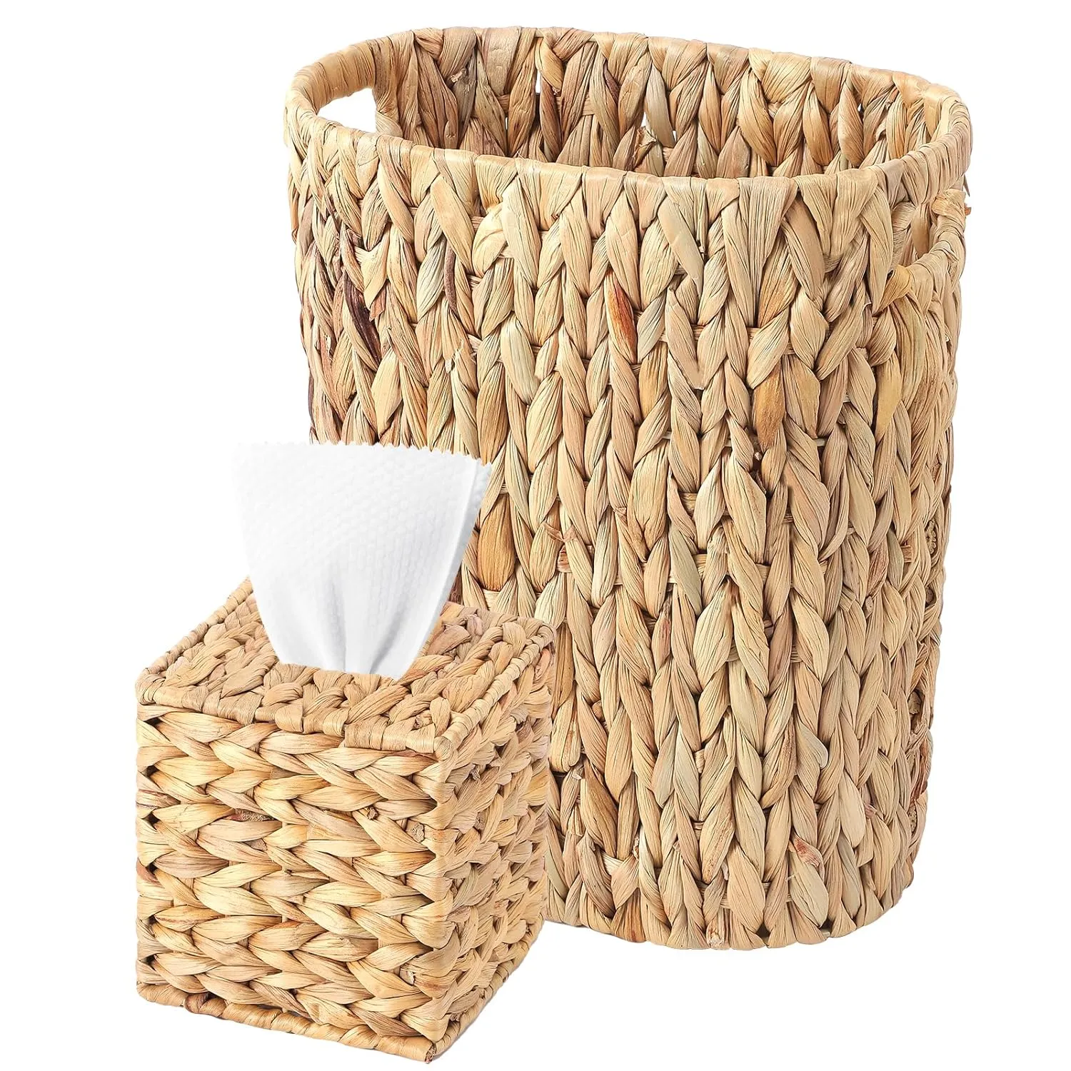 Water Hyacinth Trash Can 15L & Wicker Square Tissue Box, Handwoven Waterproof Waste Basket with Handles, Wicker Home Set for Bedroom, Bathroom, Kitchen, Office, Balcony (Khaki)