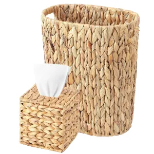 Water Hyacinth Trash Can 15L & Wicker Square Tissue Box, Handwoven Waterproof Waste Basket with Handles, Wicker Home Set for Bedroom, Bathroom, Kitchen, Office, Balcony (Khaki)