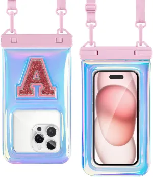 Waterproof Phone Pouch, IPX8 Floating Waterproof Phone Case Fits 6.8″Phones, Glitter Letter and Adjustable Neck/Crossbody Strap Design, Cruise Ship Travel Beach Essentials（Iridescent Pink