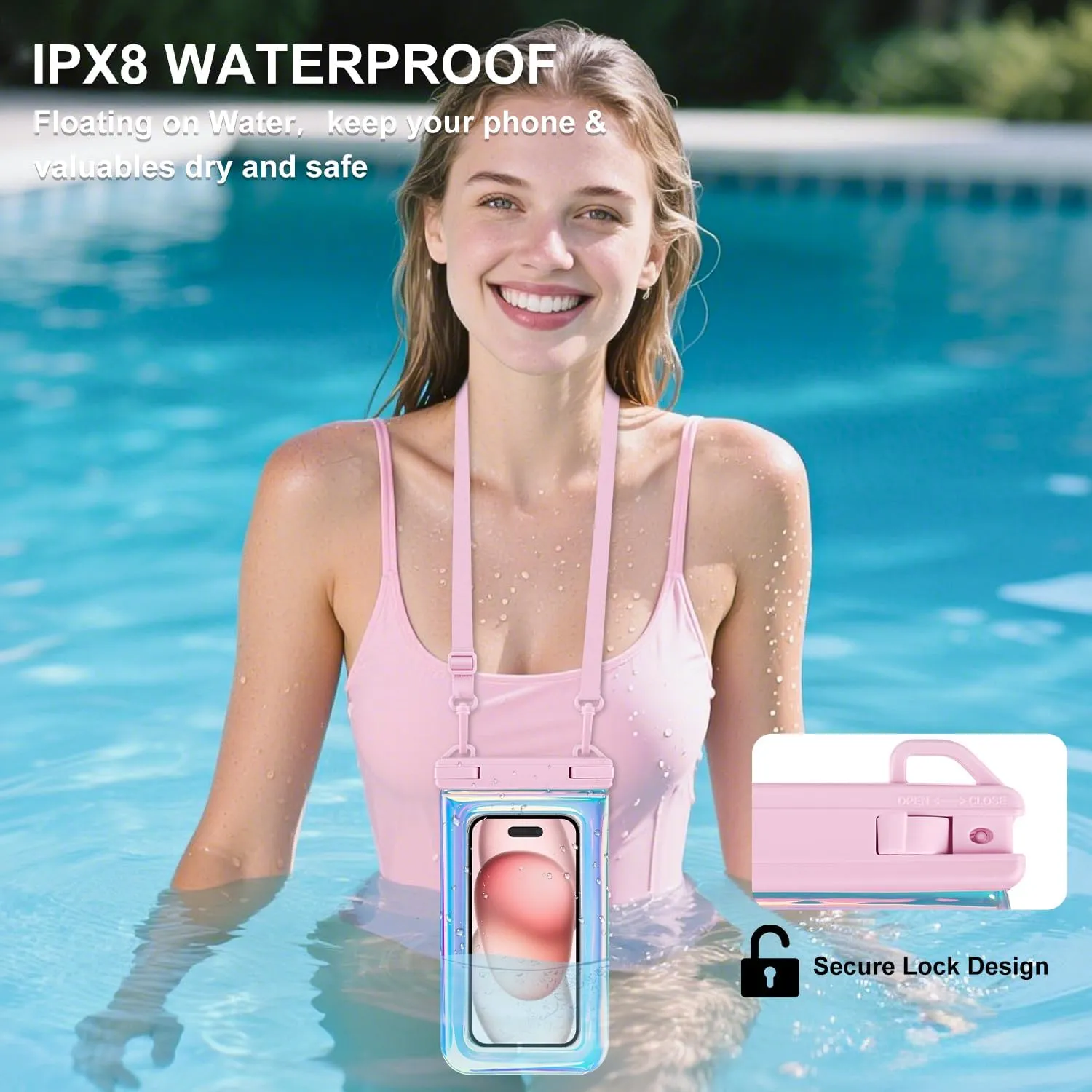 Waterproof Phone Pouch, IPX8 Floating Waterproof Phone Case Fits 6.8″Phones, Glitter Letter and Adjustable Neck/Crossbody Strap Design, Cruise Ship Travel Beach Essentials（Iridescent Pink