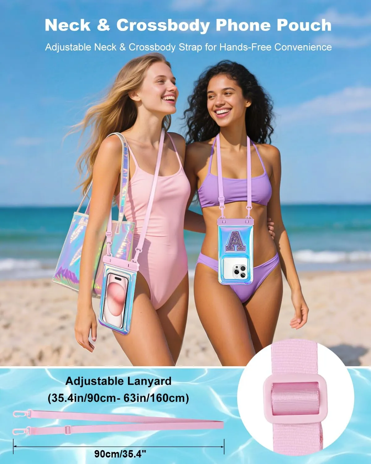 Waterproof Phone Pouch, IPX8 Floating Waterproof Phone Case Fits 6.8″Phones, Glitter Letter and Adjustable Neck/Crossbody Strap Design, Cruise Ship Travel Beach Essentials（Iridescent Pink