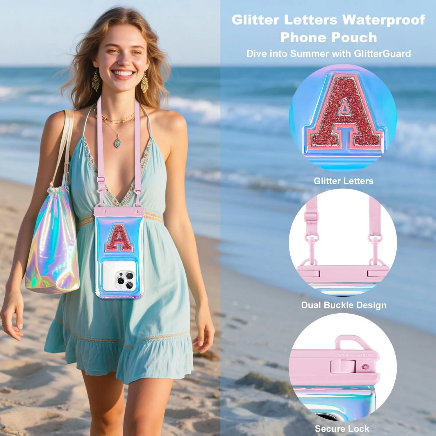Waterproof Phone Pouch, IPX8 Floating Waterproof Phone Case Fits 6.8″Phones, Glitter Letter and Adjustable Neck/Crossbody Strap Design, Cruise Ship Travel Beach Essentials（Iridescent Pink