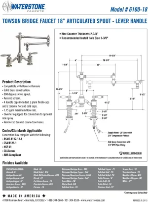 Waterstone 6100-18-2-AC Bridge Faucet w/18" Articulated Spout Lever Handles 2pc. Suite Antique Copper