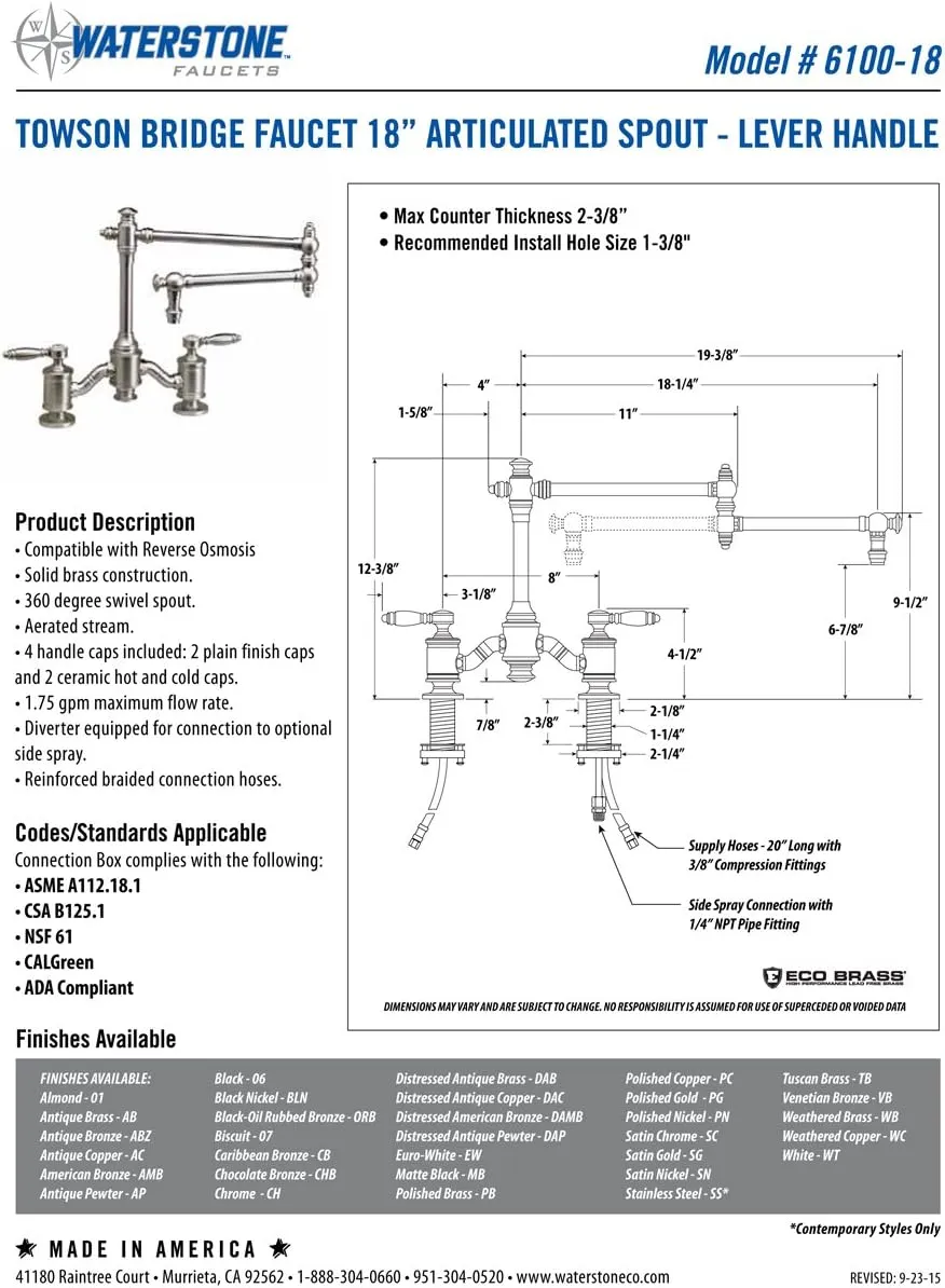 Waterstone 6100-18-2-AC Bridge Faucet w/18" Articulated Spout Lever Handles 2pc. Suite Antique Copper