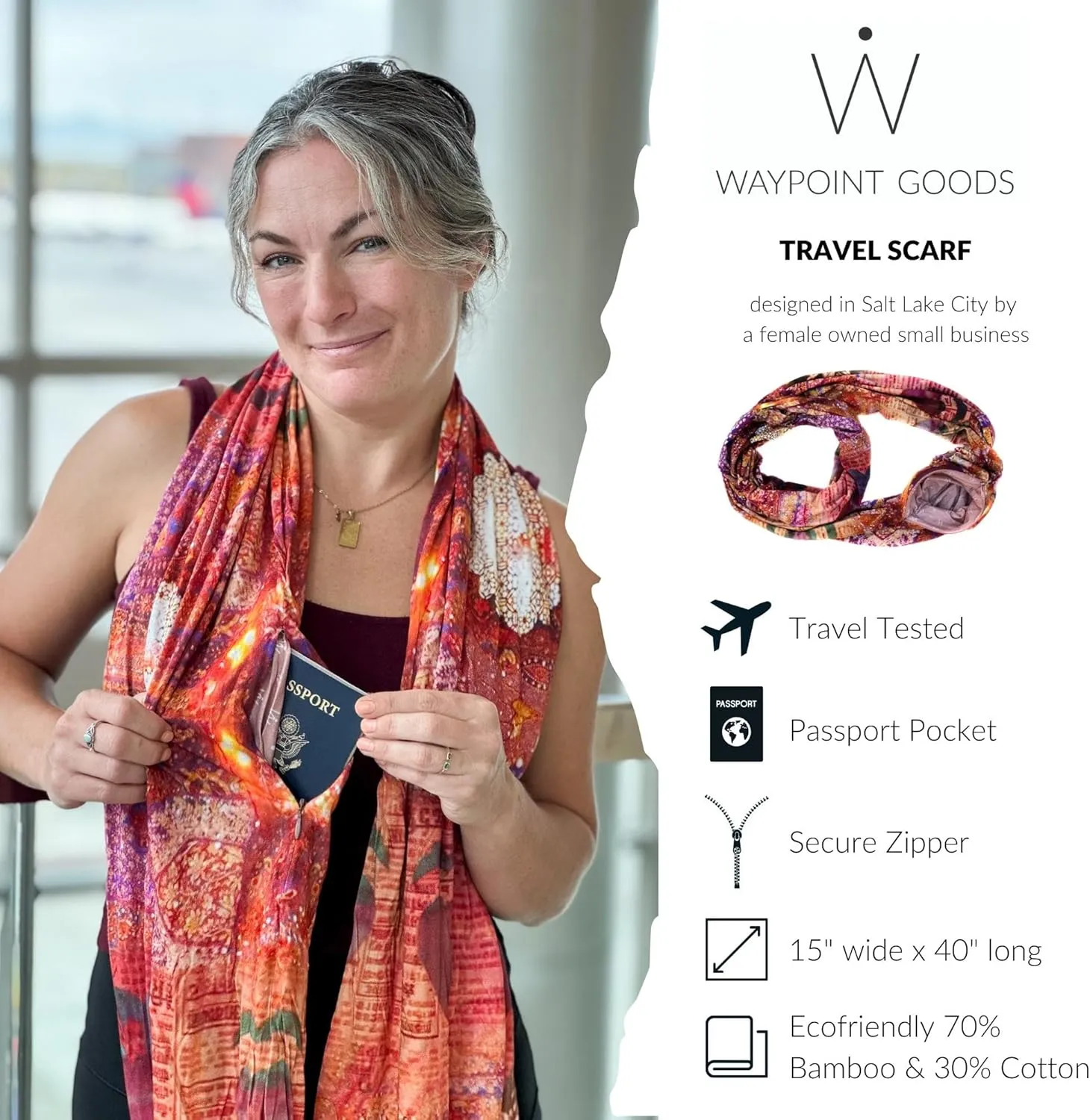 WAYPOINT GOODS Infinity Travel Scarf Hidden Zipper Pocket for Women Airplane - Lightweight Cotton Bamboo - Travel Essentials