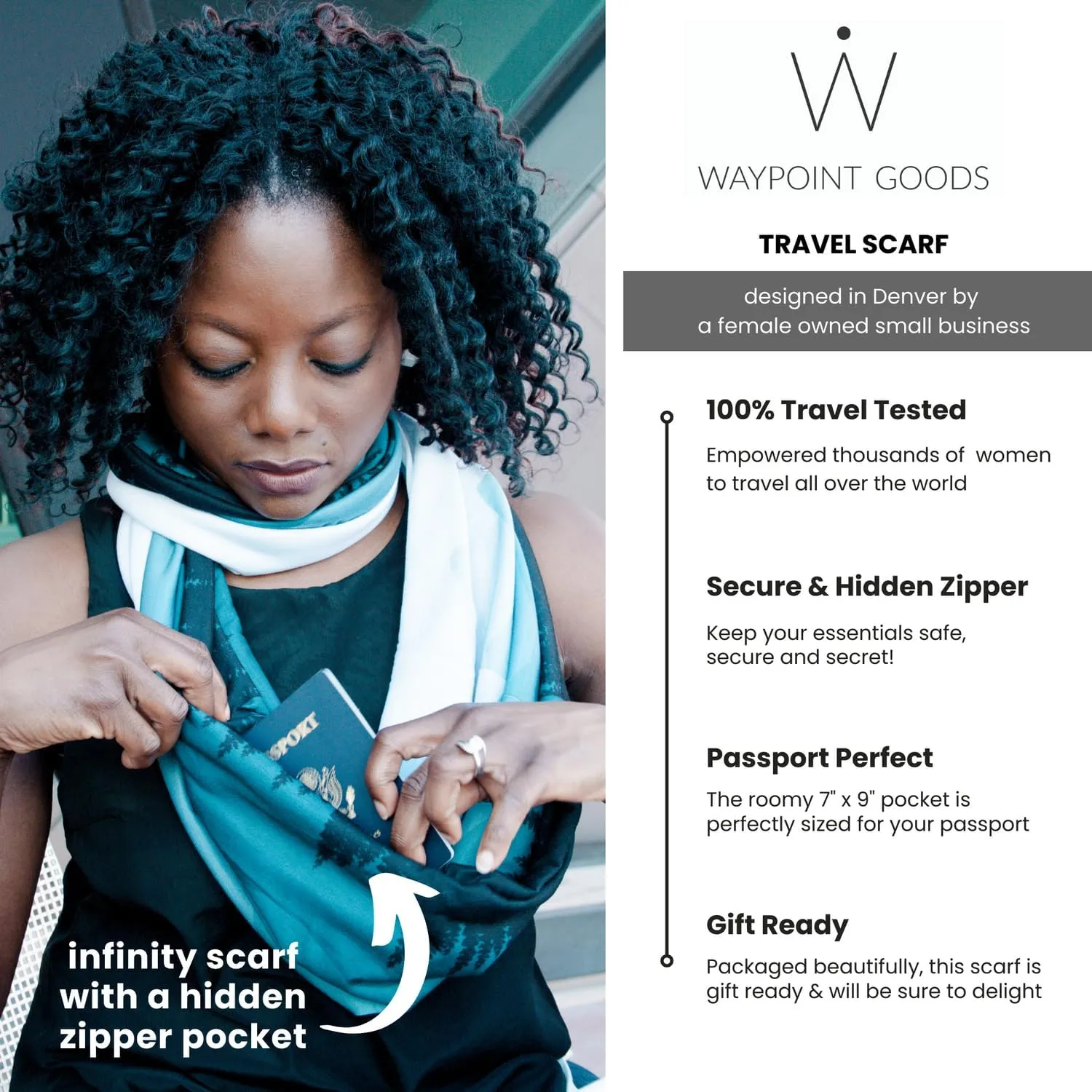 WAYPOINT GOODS Infinity Travel Scarf Hidden Zipper Pocket for Women Airplane - Lightweight Cotton Bamboo - Travel Essentials