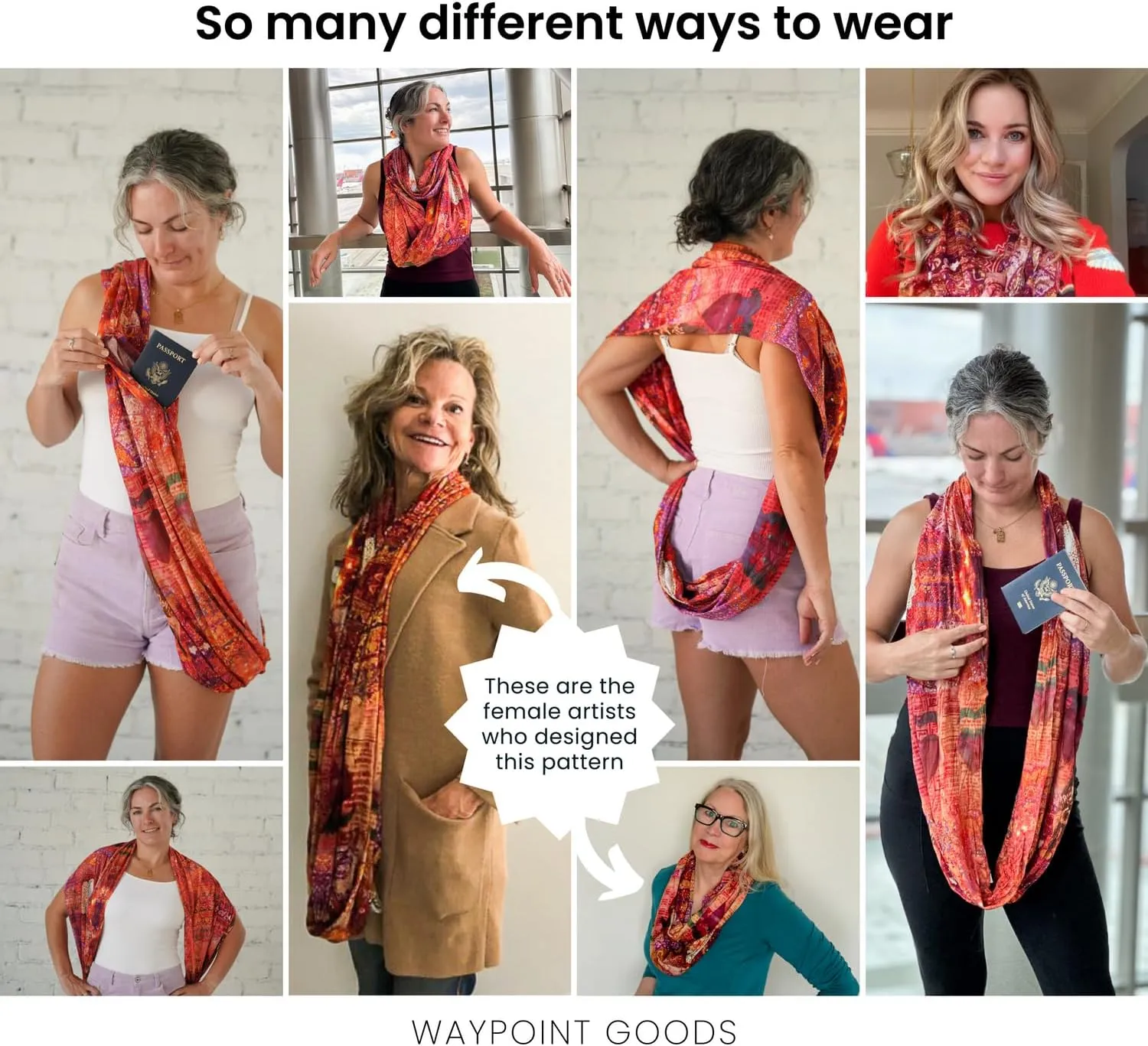 WAYPOINT GOODS Infinity Travel Scarf Hidden Zipper Pocket for Women Airplane - Lightweight Cotton Bamboo - Travel Essentials
