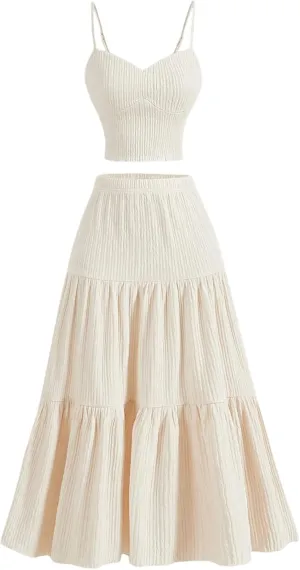 WDIRARA Women's 2 Piece Outfits Skirt Set Cami Top and Ruffle Hem A Line Skirt Matching Set