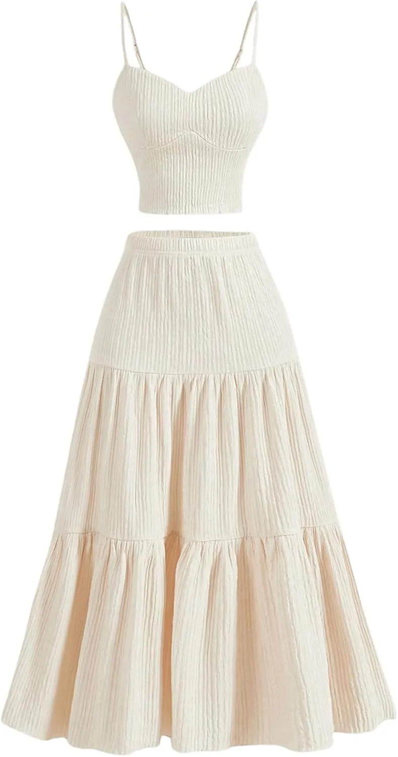WDIRARA Women's 2 Piece Outfits Skirt Set Cami Top and Ruffle Hem A Line Skirt Matching Set