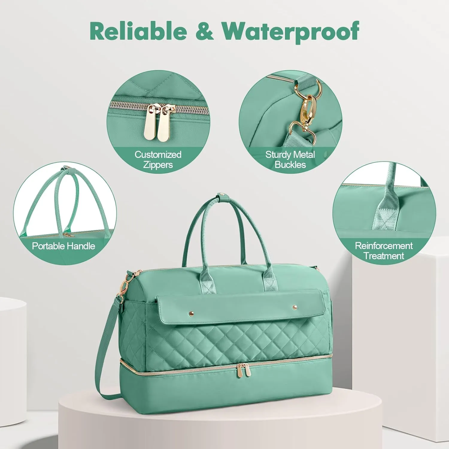 Wedama Weekender Bags for Women, Large Travel Duffel Bag with Shoe Compartment, Carry on Overnight Bag with Toiletry Makeup Bag, Gym Duffel Bag for Travel Gym Camping Hospital, Cyan Green