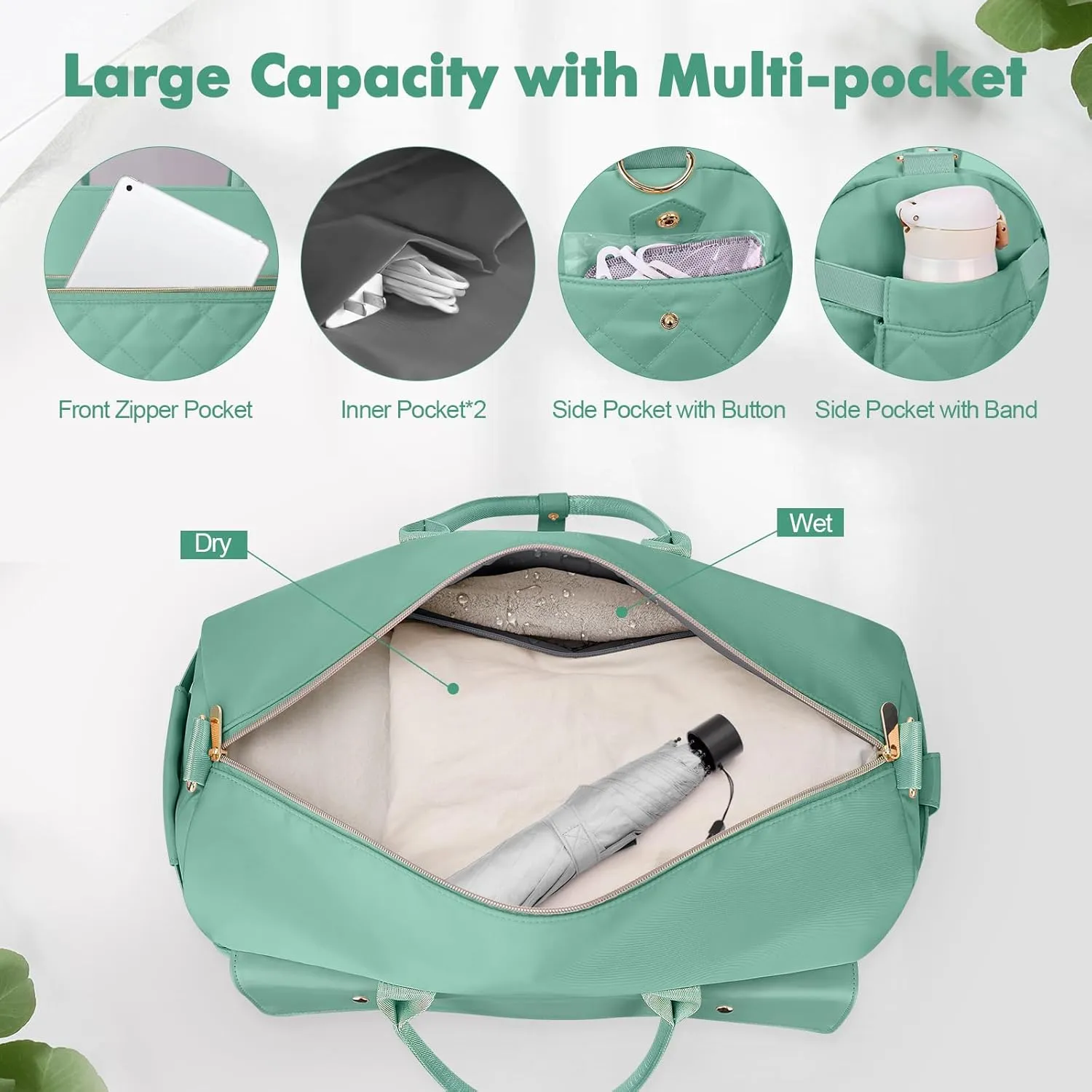 Wedama Weekender Bags for Women, Large Travel Duffel Bag with Shoe Compartment, Carry on Overnight Bag with Toiletry Makeup Bag, Gym Duffel Bag for Travel Gym Camping Hospital, Cyan Green