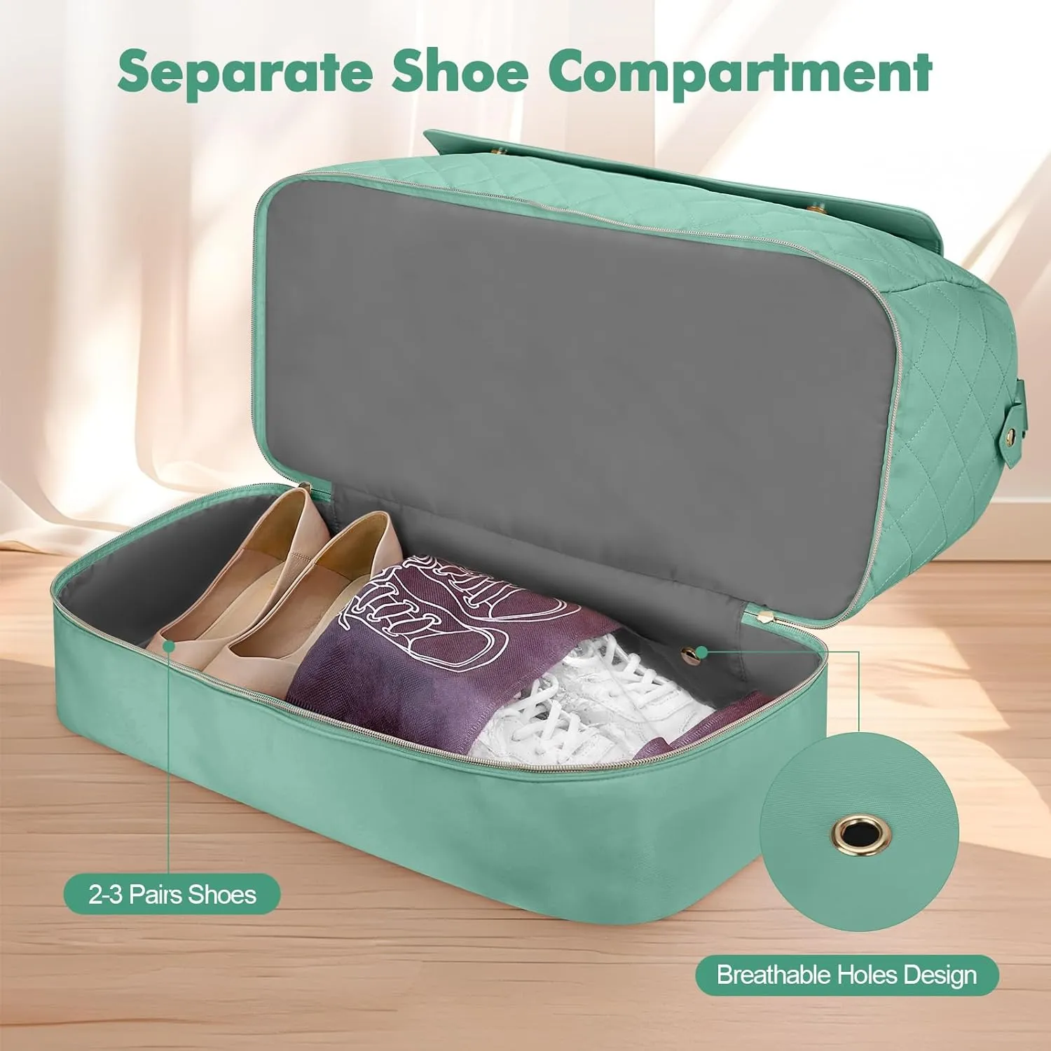 Wedama Weekender Bags for Women, Large Travel Duffel Bag with Shoe Compartment, Carry on Overnight Bag with Toiletry Makeup Bag, Gym Duffel Bag for Travel Gym Camping Hospital, Cyan Green