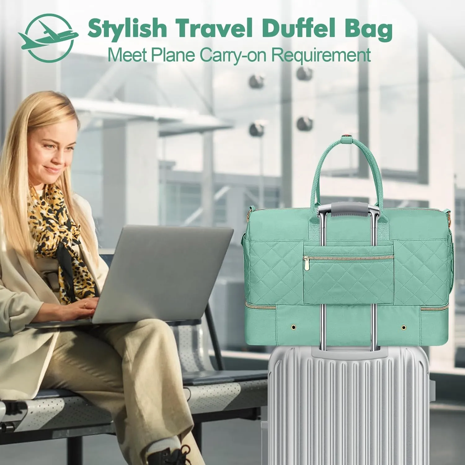 Wedama Weekender Bags for Women, Large Travel Duffel Bag with Shoe Compartment, Carry on Overnight Bag with Toiletry Makeup Bag, Gym Duffel Bag for Travel Gym Camping Hospital, Cyan Green