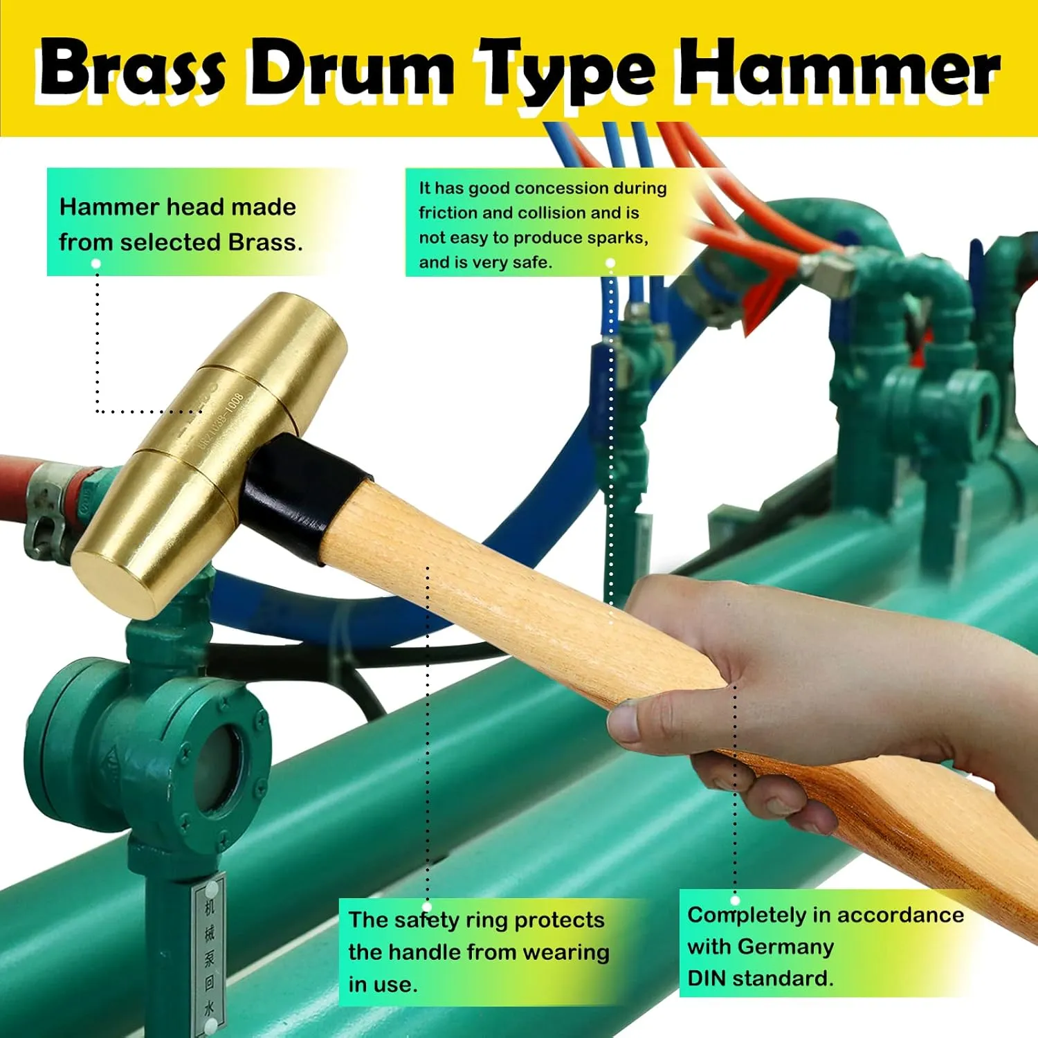 WEDO Brass Hammer 1/2lb,Wooden Hammer,Sledge Hammer,Solid Brass Mallet Hammer,Wooden Hammer Handle,Length 280mm,Die-Forged, Corrosion Resistant, DIN Standard