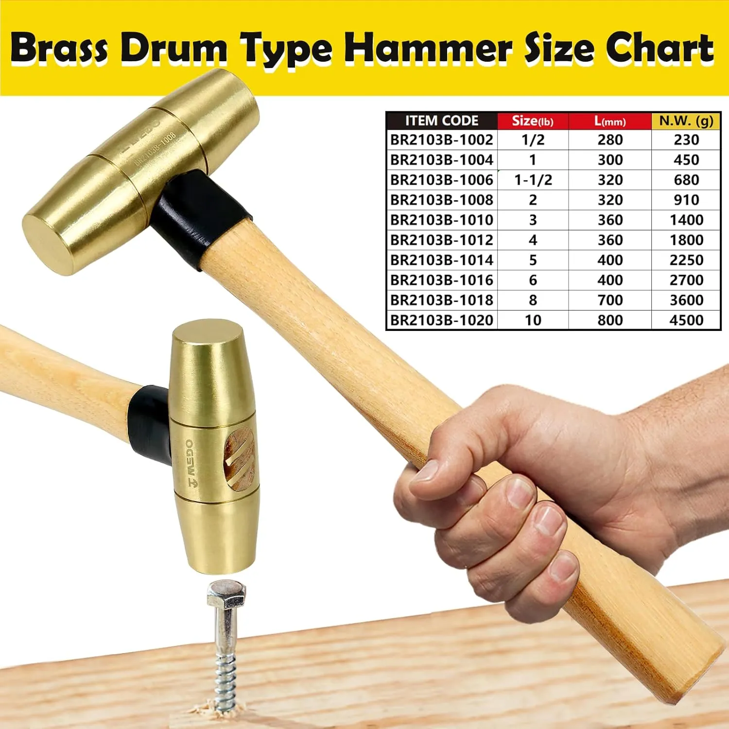 WEDO Brass Hammer 1/2lb,Wooden Hammer,Sledge Hammer,Solid Brass Mallet Hammer,Wooden Hammer Handle,Length 280mm,Die-Forged, Corrosion Resistant, DIN Standard
