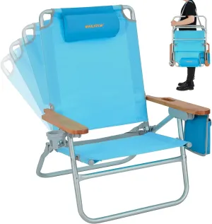 #WEJOY Low Beach Chair for Adults, Lightweight Folding Reclining 4 Positions Camping Chairs with Carry Strap Cup Holder Wooden Armrest for Festival Picnic,Heavy Duty Support 300Lbs (#RWF 1 Pack Blue)