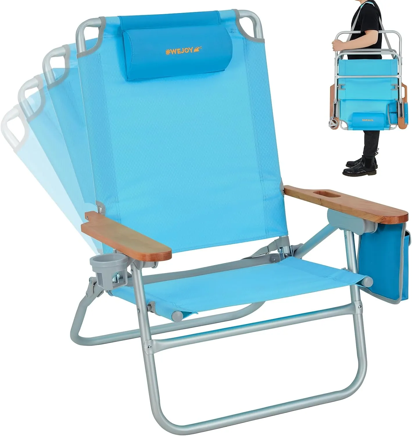 #WEJOY Low Beach Chair for Adults, Lightweight Folding Reclining 4 Positions Camping Chairs with Carry Strap Cup Holder Wooden Armrest for Festival Picnic,Heavy Duty Support 300Lbs (#RWF 1 Pack Blue)