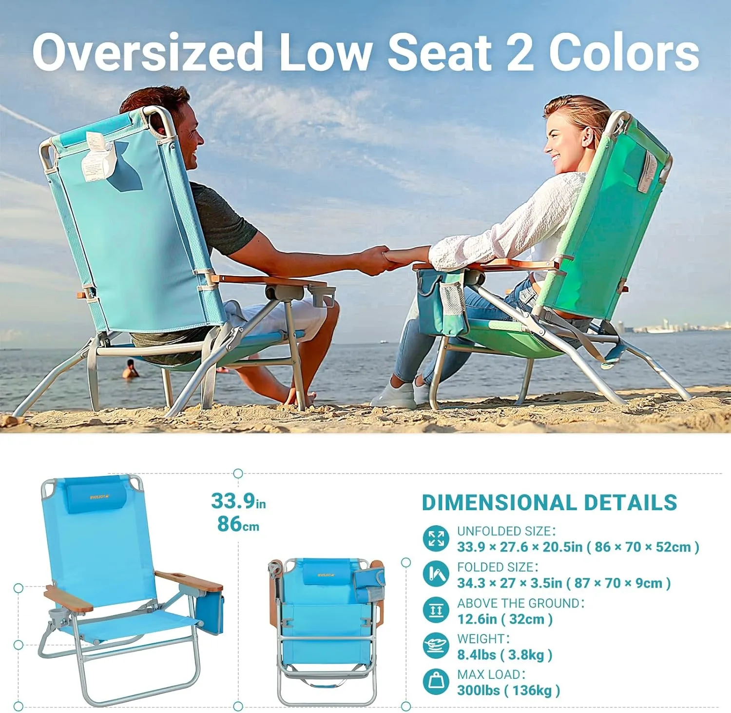 #WEJOY Low Beach Chair for Adults, Lightweight Folding Reclining 4 Positions Camping Chairs with Carry Strap Cup Holder Wooden Armrest for Festival Picnic,Heavy Duty Support 300Lbs (#RWF 1 Pack Blue)