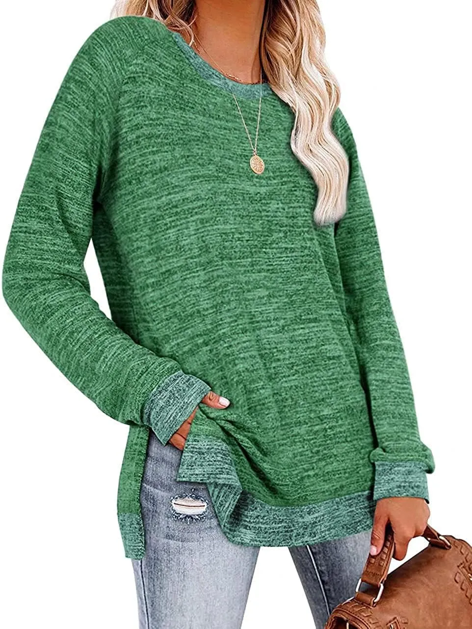 WELINCO Womens Crewneck Pullovers Color Block Long Sleeve Side Split Tunic Tops