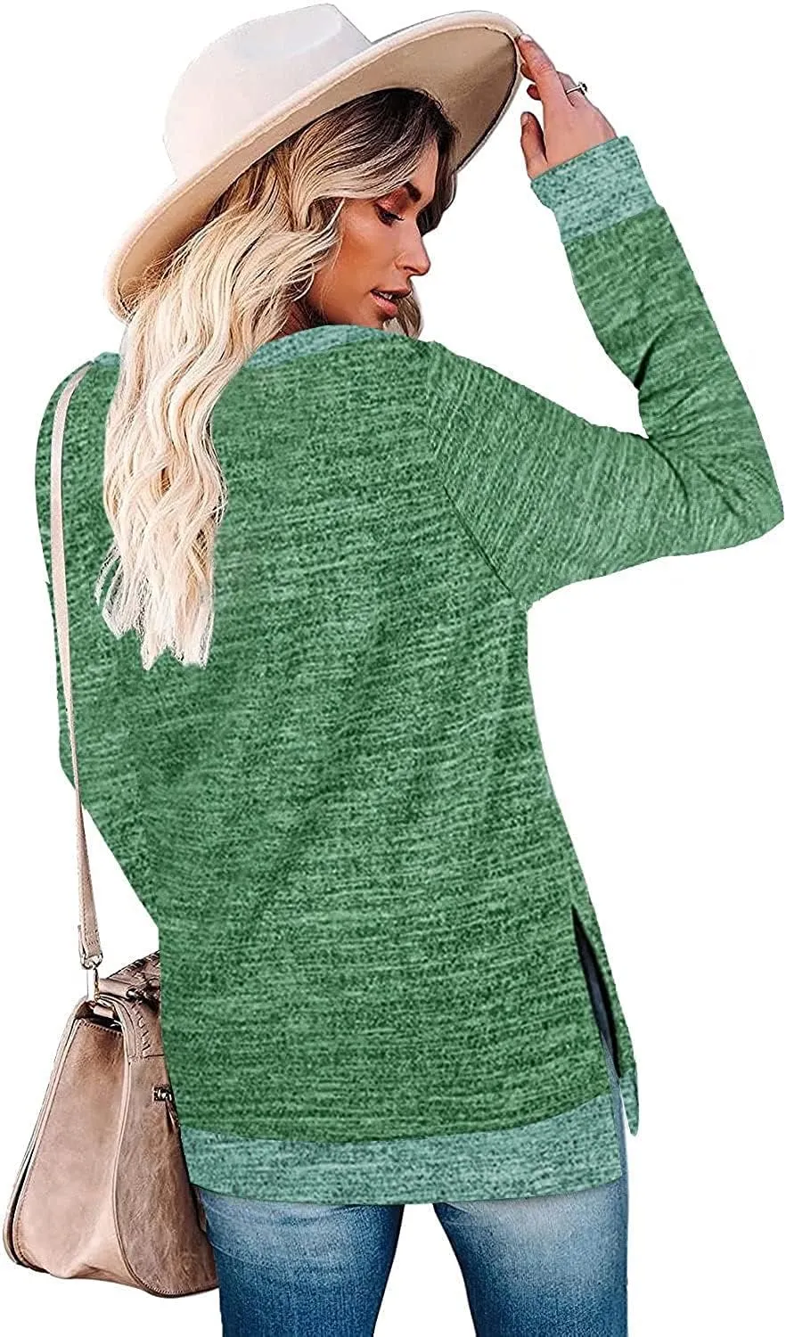 WELINCO Womens Crewneck Pullovers Color Block Long Sleeve Side Split Tunic Tops
