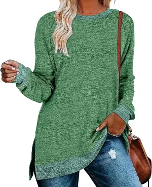 WELINCO Womens Crewneck Pullovers Color Block Long Sleeve Side Split Tunic Tops