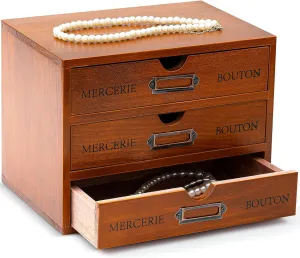 Wesiti Vintage Wooden Storage Box Desk Office Organizer Rustic Desk Storage Organizer Desktop Wooden Drawer Tool Small Library Card Catalog Cabinet for Jewelry Home(3 Drawers,Brown)