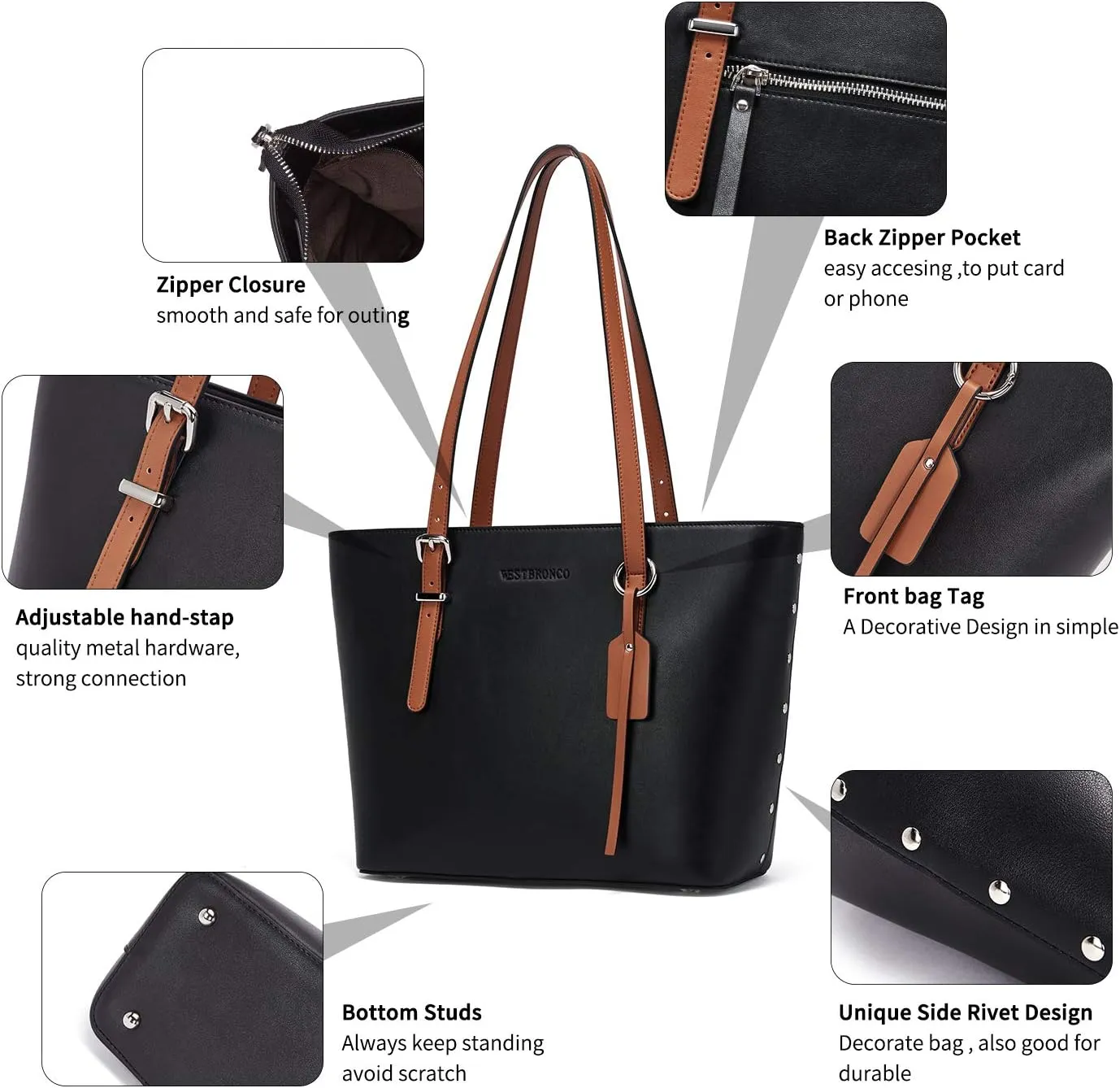 WESTBRONCO Vegan Leather Purses and Handbags For Women,Travel Tote bag Large Shoulder Bag with zipper
