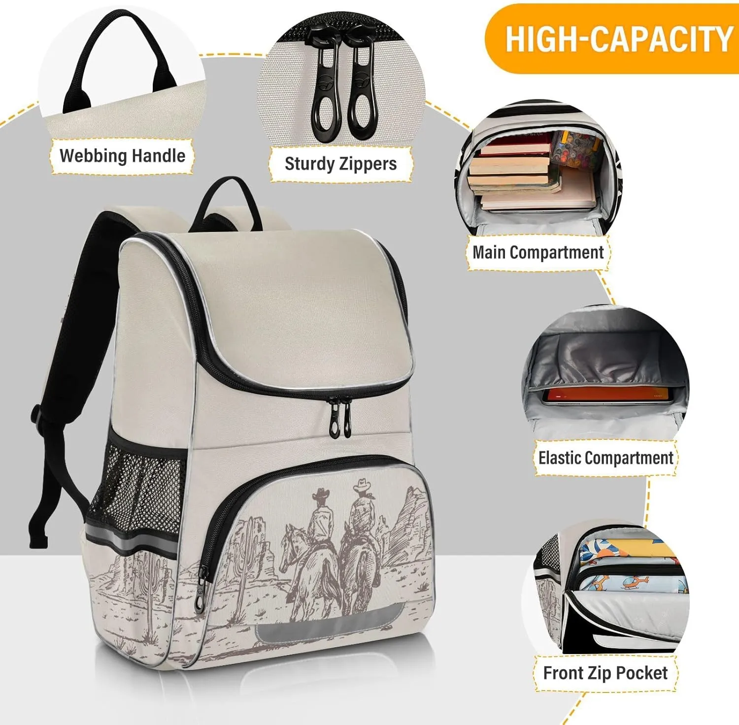 Western Desert Cowboy Backpack with Reflective Strip for Kids Boys Girls Elementary School Bag Removable Chest Strap
