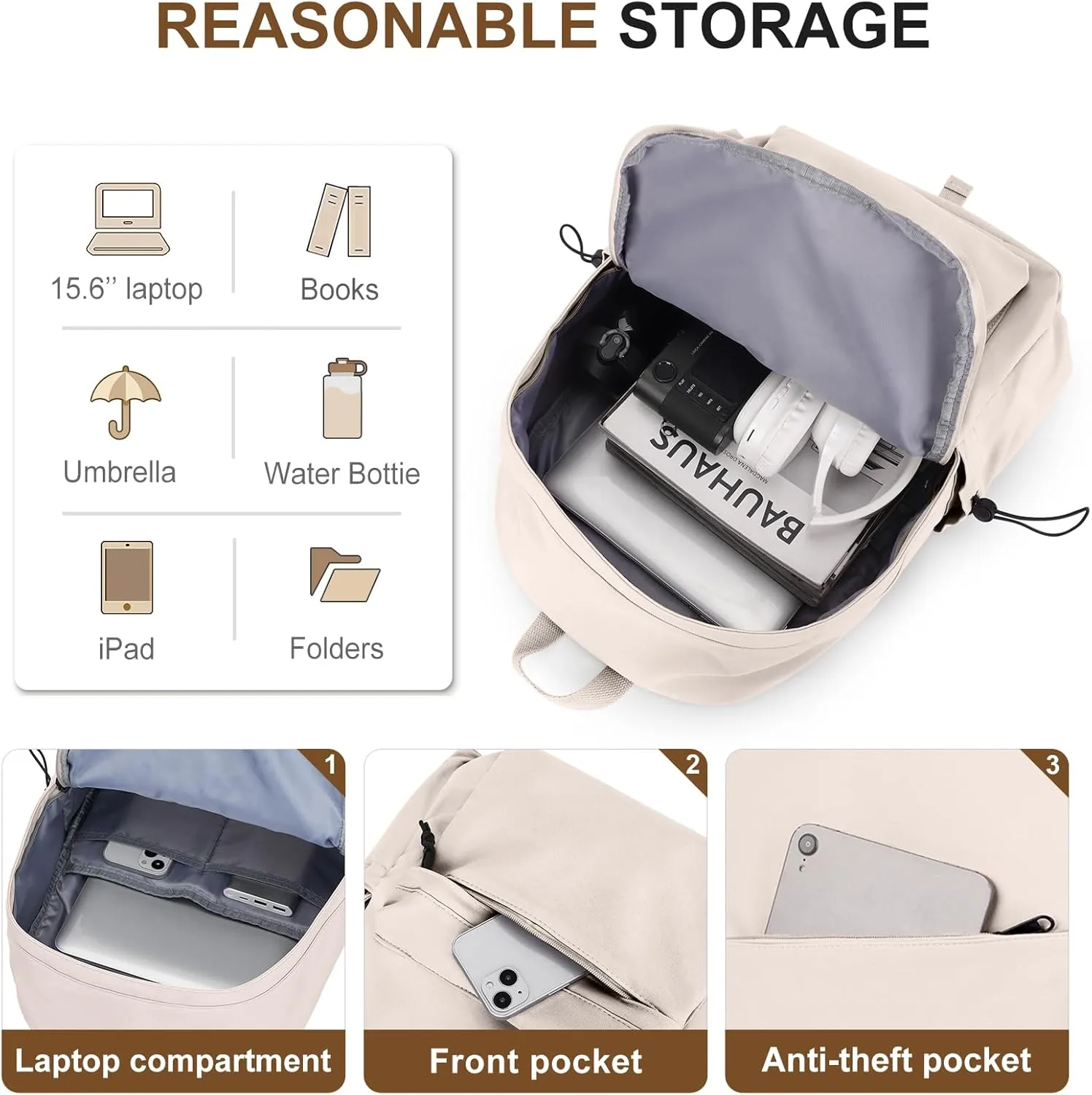 White Bookbags For Teen Girls Boys Waterproof College Backpack Middle School bags Lightweight Travel Rucksack Casual Daypack Laptop Backpacks For Men Women