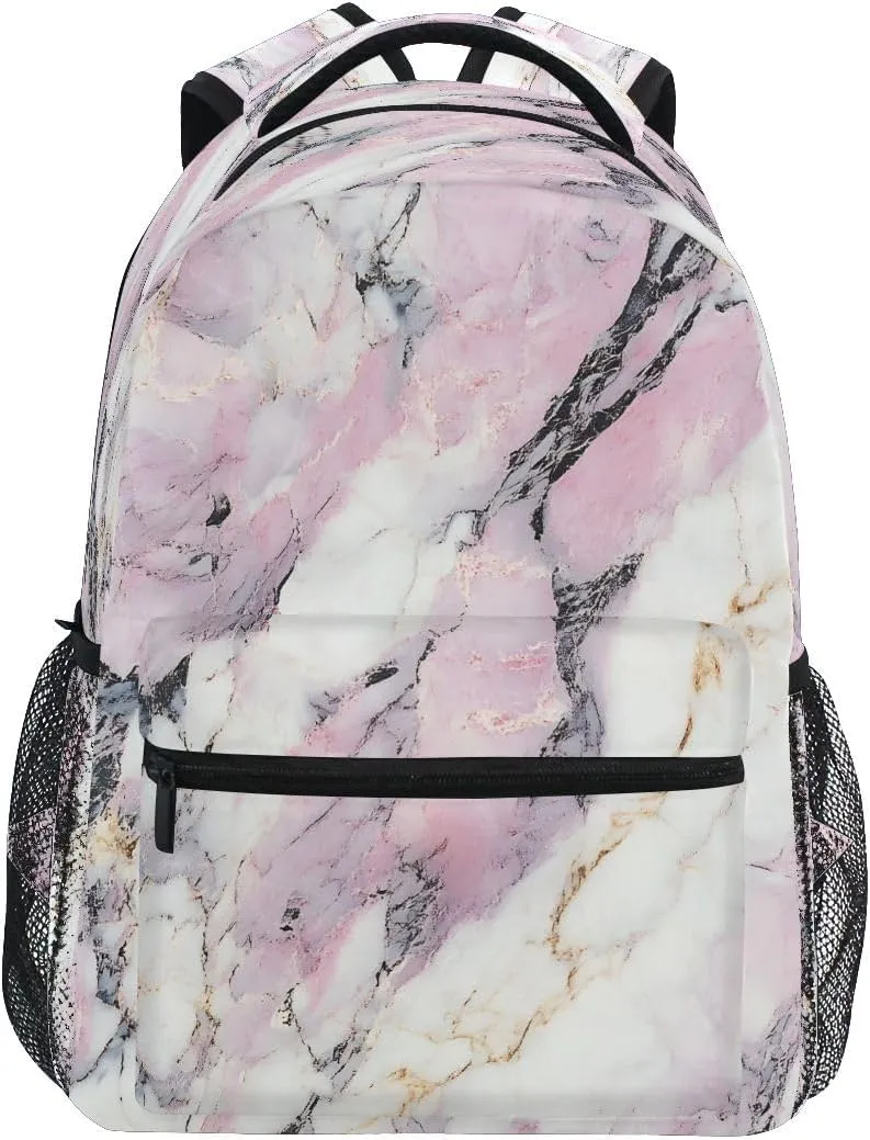 White Pink Marble with Hints Of Black and Gold Pattern Backpack for Girls School Bags Bookbags for Teen Kids Travel Bag