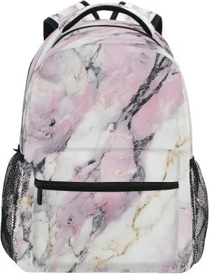 White Pink Marble with Hints Of Black and Gold Pattern Backpack for Girls School Bags Bookbags for Teen Kids Travel Bag
