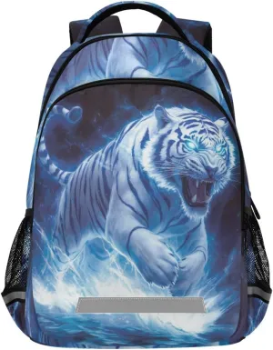 White Tiger Running Blue Glowing Backpack for Boys Girls Elementary School Bag Kids Travel Bags Casual Rucksack Laptop Bookbag