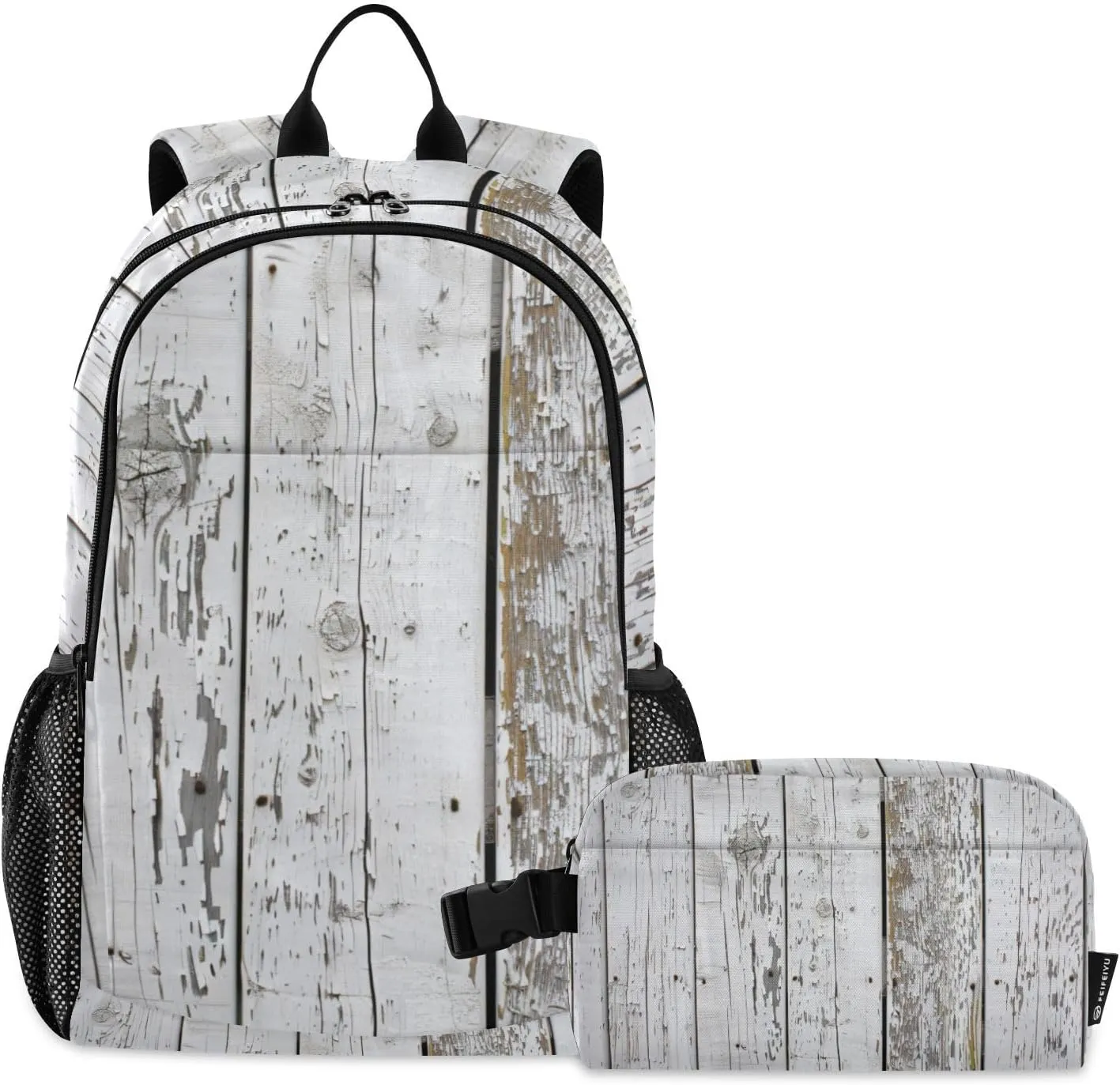White Wooden Planks Texture Backpack for School Boys Girls and Teens, Backpack for Men and Women, Lightweight Bookbag with Lunch Box Travel Laptop Daypack 18.5 x 11.8 In
