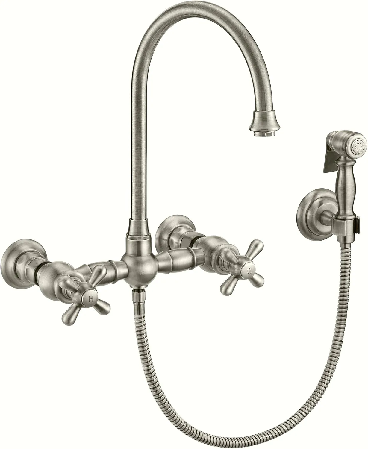 Whitehaus Kitchen Faucet; Brass Construction, Gooseneck, Cross Handles, Side Spray; Brushed Nickel