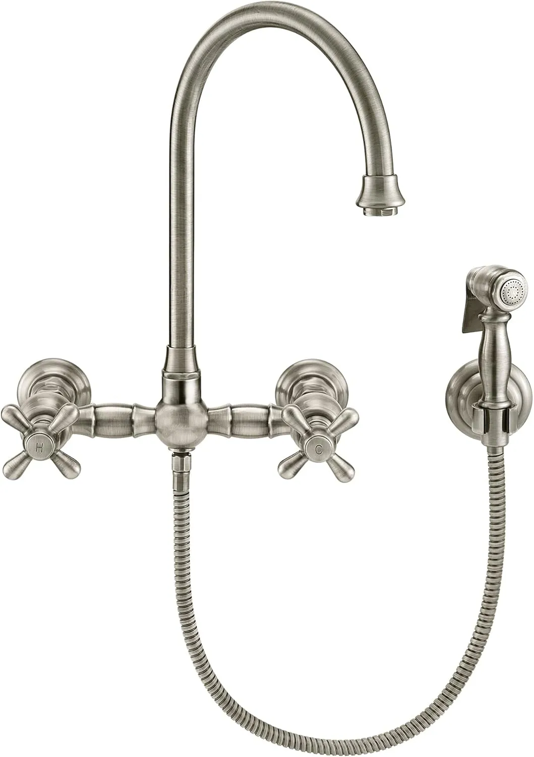 Whitehaus Kitchen Faucet; Brass Construction, Gooseneck, Cross Handles, Side Spray; Brushed Nickel