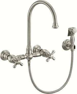 Whitehaus Kitchen Faucet; Brass Construction, Gooseneck, Cross Handles, Side Spray; Brushed Nickel