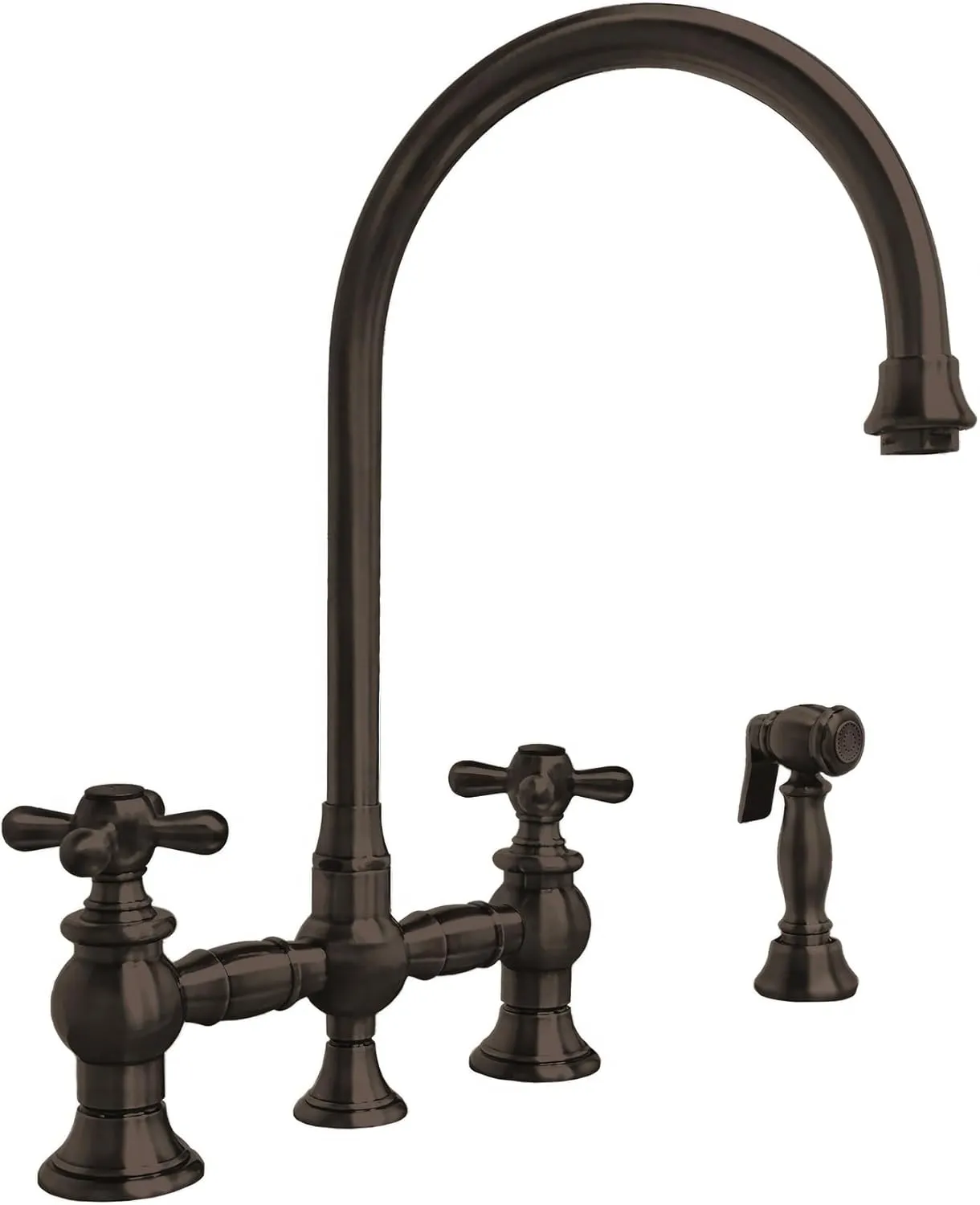 Whitehaus Kitchen Faucet; Brass Construction, Gooseneck, Cross Handles, Side Spray; Rubbed Bronze